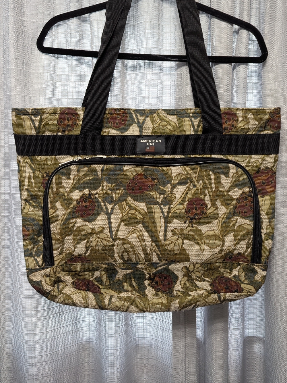 Vintage Bovano American Uni Floral Lady Bug Tapestry Tote Bag Black Handle